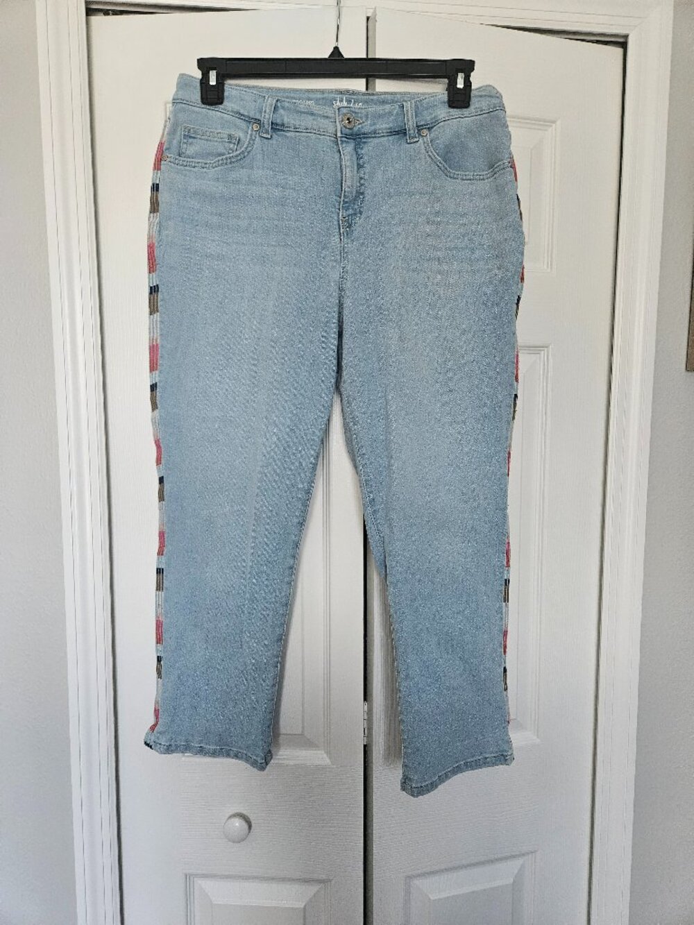 Light Blue Jean Capris with Pink Stripes on the sides